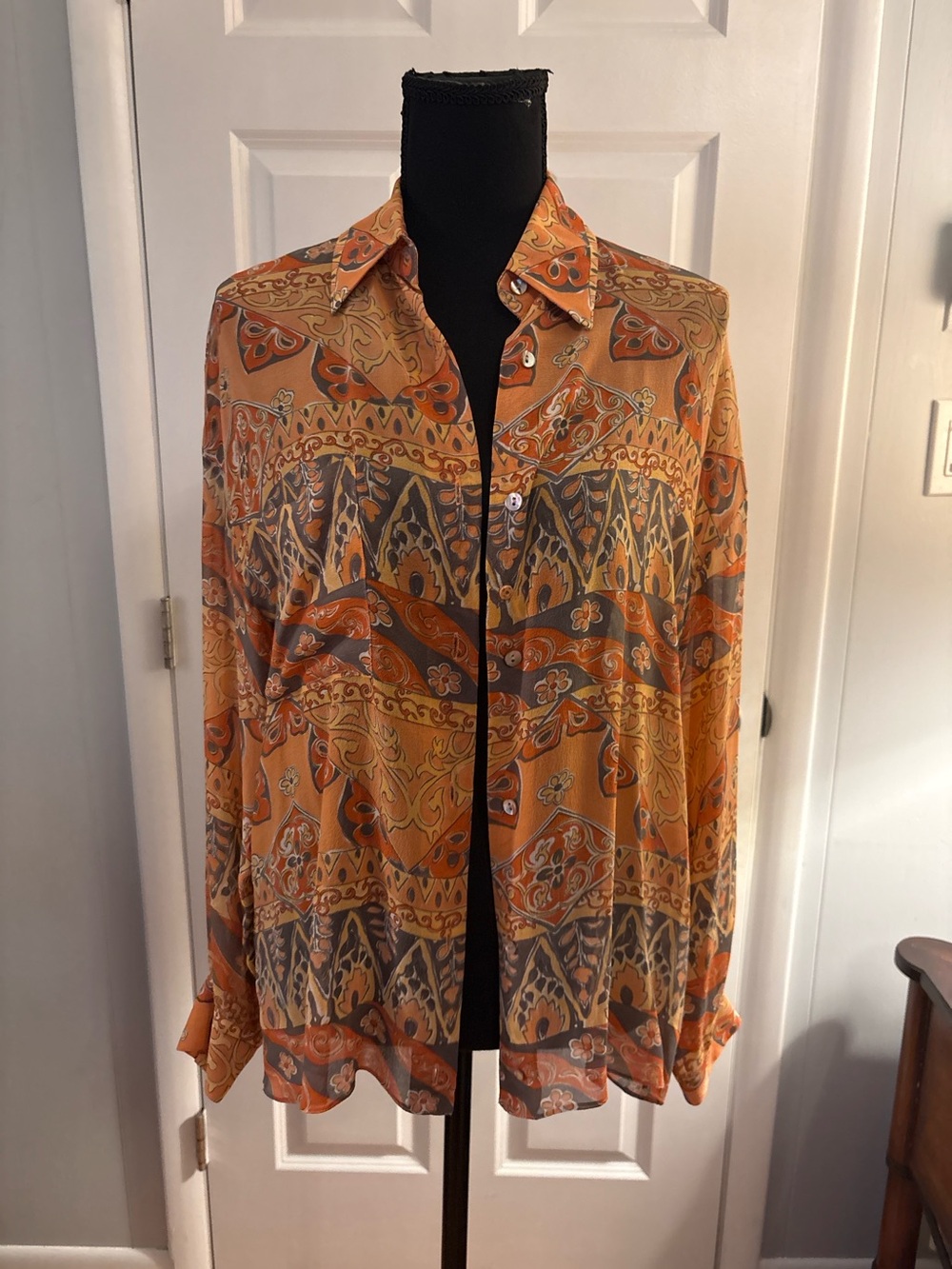Vintage Randy Kemper Sheer Boho Geometric Print Button Up Silk Blouse Size 4